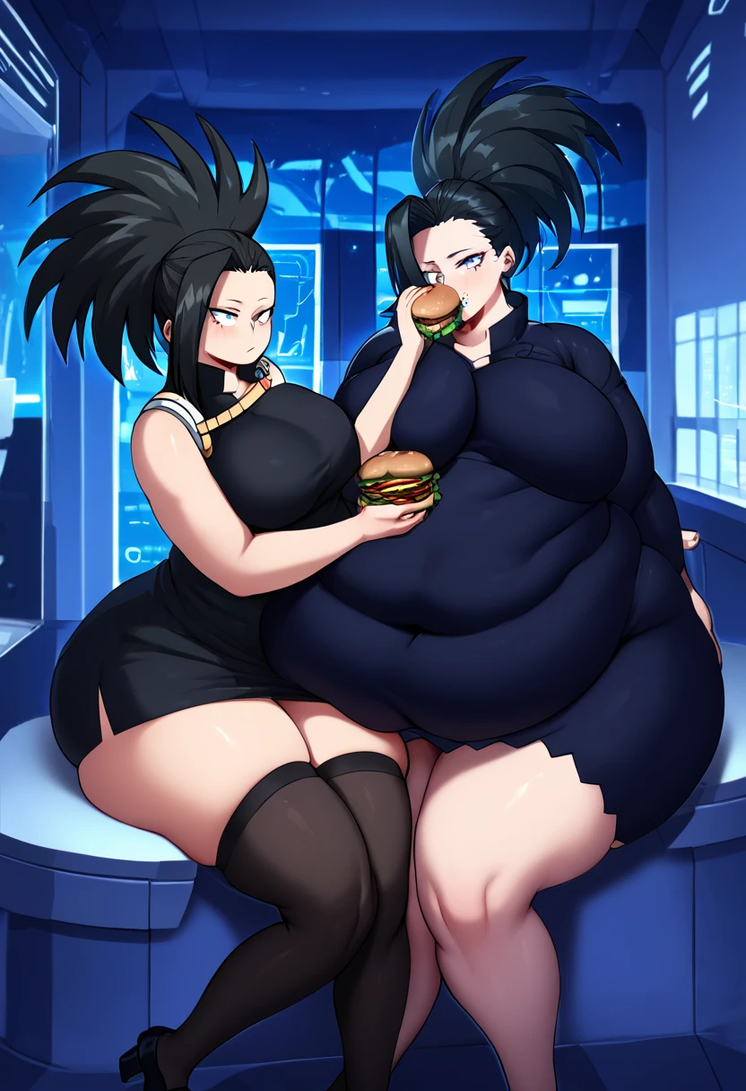 Momo Yaoyorozu from My Hero Academy, girl fat, obese body, big belly, big ass, big breast, large thighs, wide hips, sexy, stockings, black hair, short night dress, laboratory, dark dress, black dress, black stockings, black and black shoes, sitting, eating hamburgers, hamburguers, touching his stomach (Masterpiece:1.2), best quality, high resolution, beautifully detailed, extremely detailed, perfect lighting,