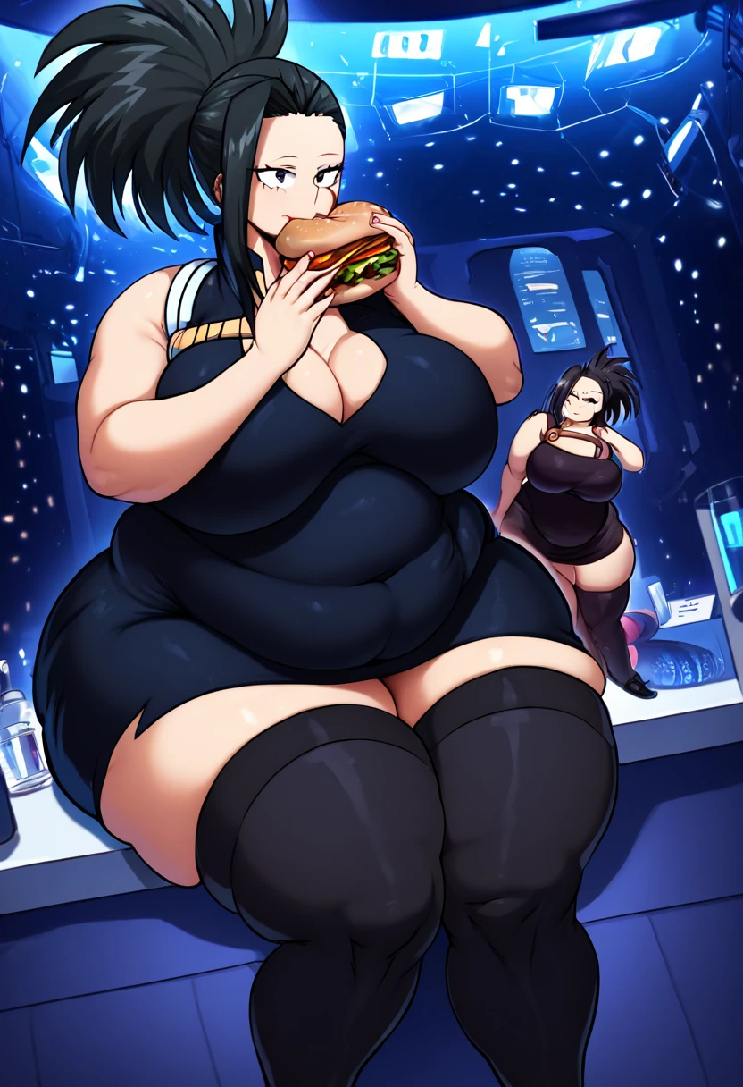 Momo Yaoyorozu from My Hero Academy, girl fat, obese body, big belly, big ass, big breast, large thighs, wide hips, sexy, stockings, black hair, short night dress, laboratory, dark dress, black dress, black stockings, black and black shoes, sitting, eating hamburgers, hamburguers, touching his stomach (Masterpiece:1.2), best quality, high resolution, beautifully detailed, extremely detailed, perfect lighting,