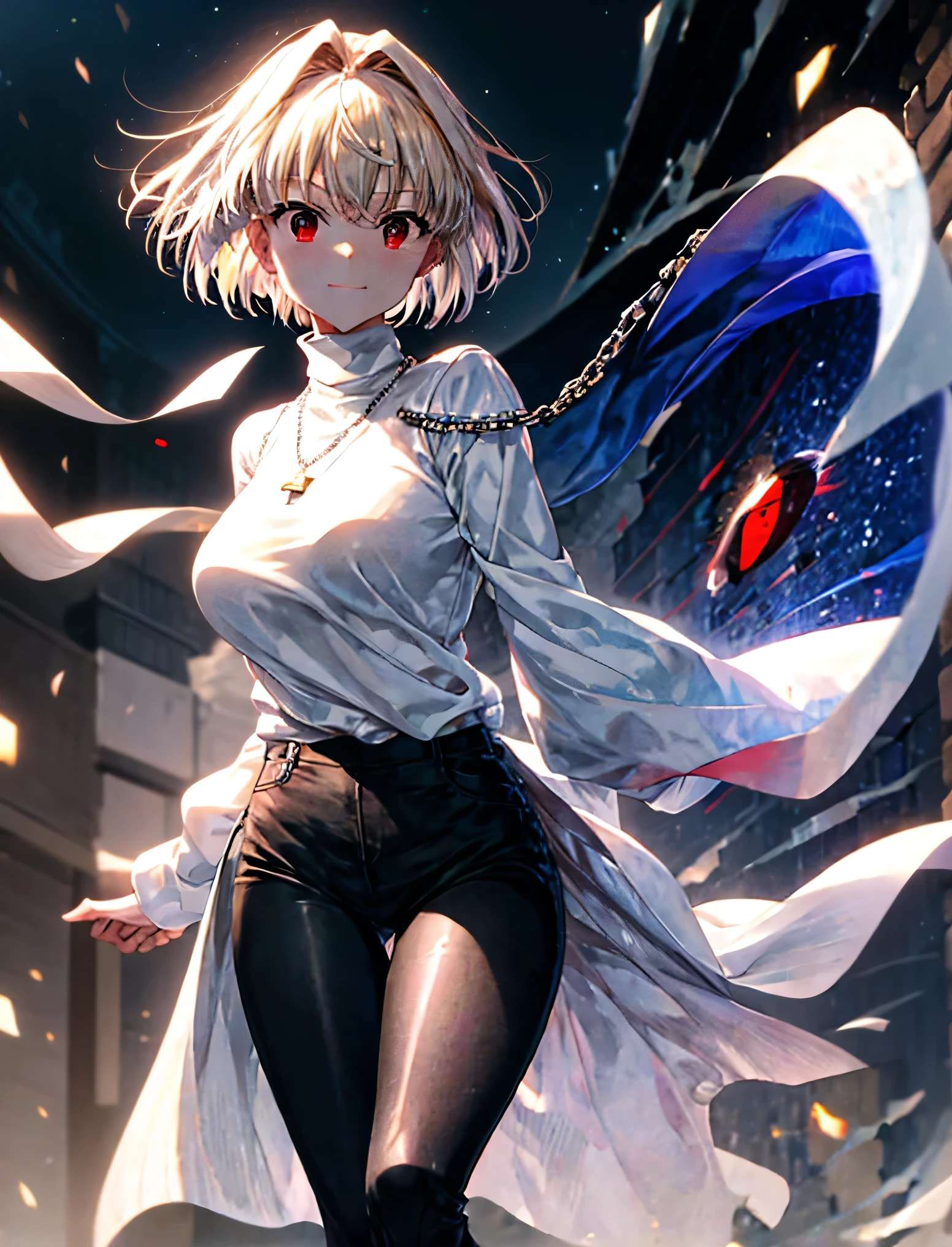 absurdres, uhd, 16k, 1girl, arcueid \(tsukihime\), 1girl, alley, nighttime, moon, stars, short blonde hair, (((red eyes))), arms behind back, white turtleneck, blush, building, cowboy shot, day, chain necklace \(arcueid\) on chest, large breasts, looking at viewer, outdoors, smile, solo, standing, taut clothes, tight black pants, thigh gap, closed mouth, leaning forward, 2hands, accurate fingers, loish hands, extreme hand detail, normal hands, with fingers, accurate hands, 2thumb