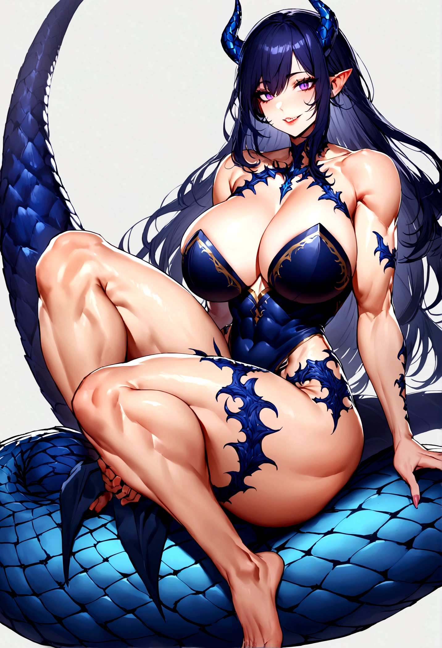 Make a picture of a woman, she has purple eyes, serrated teeth, your face is normal with a fair skin tone, his chest has bright blue scales, his legs too, and she has a long blue Leviathan tail, she has dark horns on her head and beautiful dark blue hair, she has covered by her scales, and toned thighs