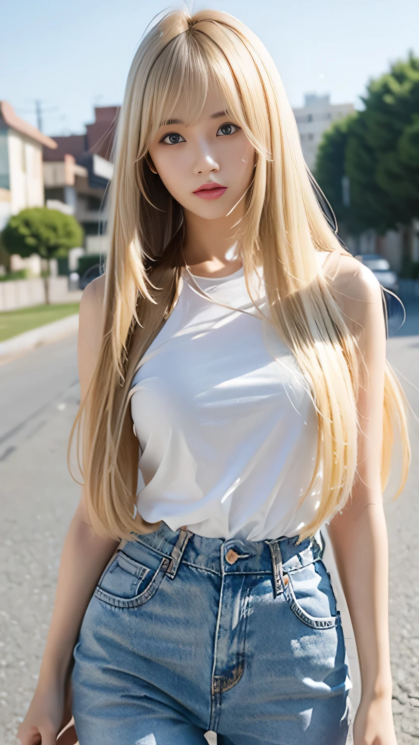 1 Girl、blue sky、明るくてとてもbeautiful顔、young, Shiny white skin、Best Looks、Blonde hair that reflects the light brilliantly、光沢のあるbeautifulブロンドの髪を持つ、Very straight hair、Long bangs、非常にbeautiful17歳、beautiful、Adorable、beautiful女の子、Shorts、No sleeve、Beautiful ass