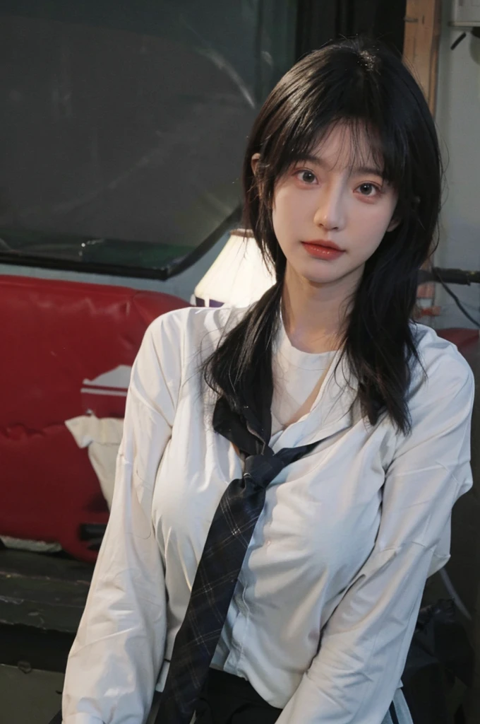 Best quality,masterpiece,ultra high res,(photorealistic:1.4),1girl,sexy,(shirt and tie:1.2),(large breast:1.3),(upper body:1.4)