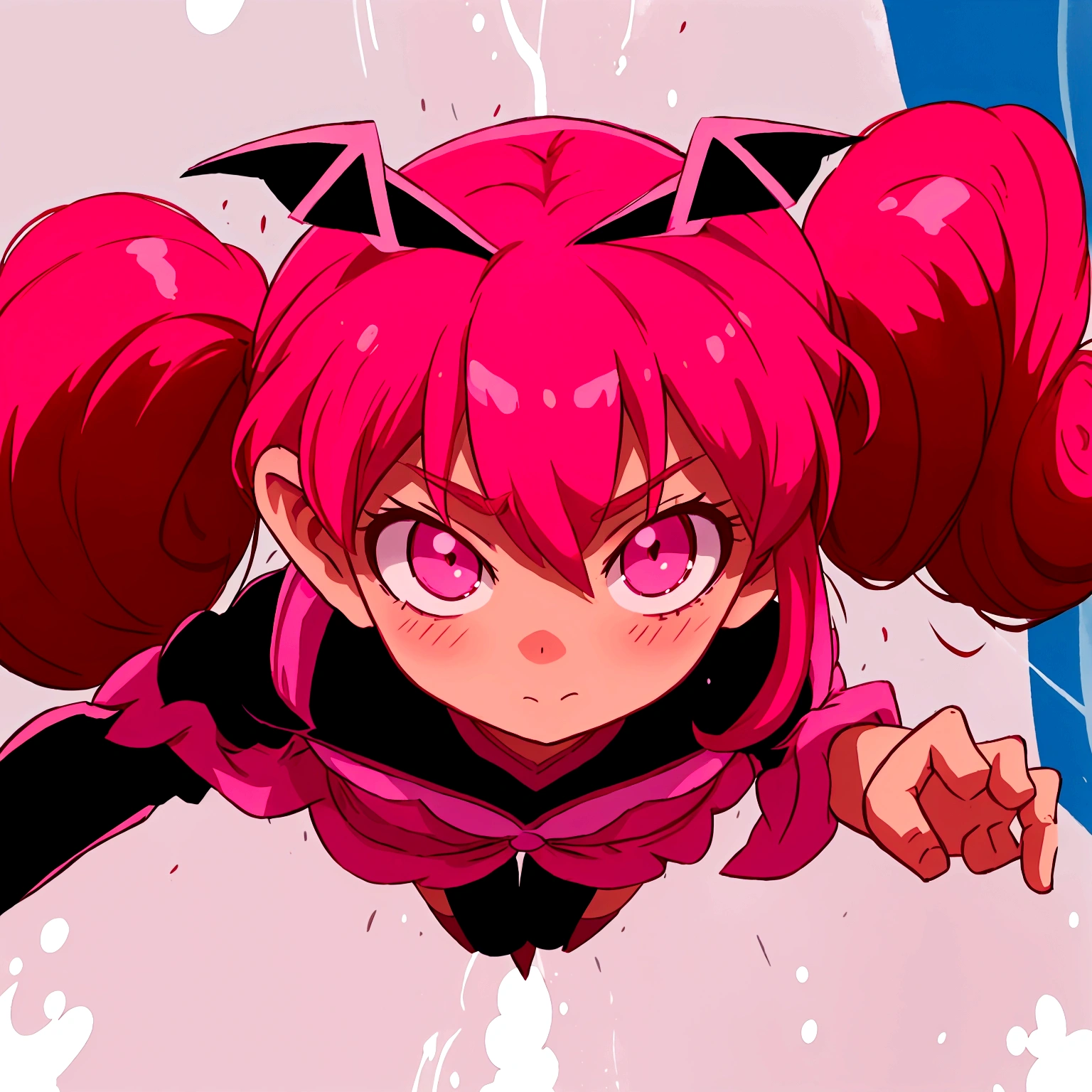 Anime girl with pink hair and a black outfit flies through the air, pink hair in low ponytails and pink eyes, Anime art style, humanoid girl, magical girl anime Mahou Shojo,anime art style