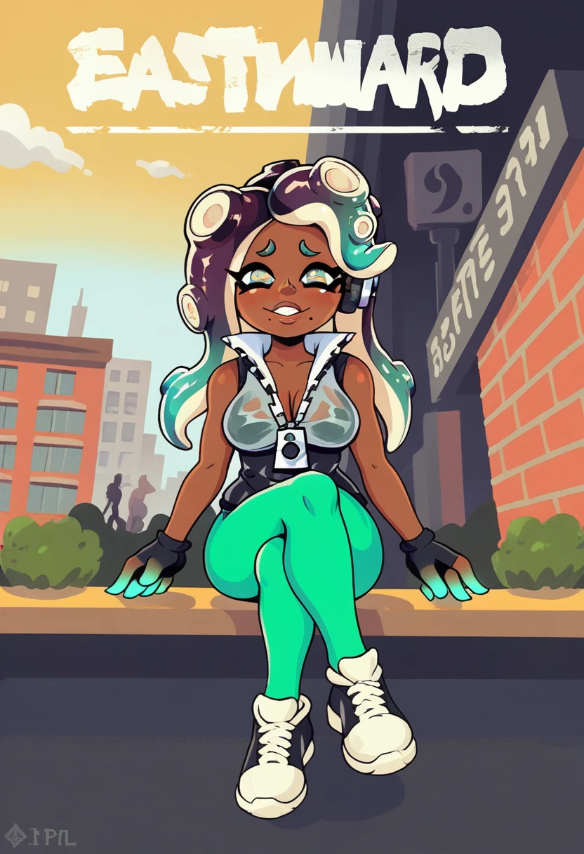 score9, score_8_above, score_7_above, showy, Vibrant, detailed background, dutch angle, from below, realist artists, beautiful, 1 girl, whole body, MARINA_(splatoon), splatoon_(series), 1 girl, Tentacle_Hair, yellow_eyes, vestido negro shinesnte, sleeveless, black gloves, green leggings, black shoes, shy, half closed eyes, looking into the distance, sitting, Mesa, has, Hair, seated, coffee shop, outdoor,City, street,public, clouds, City, street, Huge skyscrapers,1r1d3sc3nc3, big text, shines, eastbound sign, (very big tits),