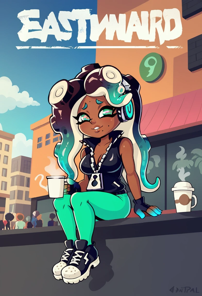 score9, score_8_above, score_7_above, showy, Vibrant, detailed background, dutch angle, from below, realist artists, beautiful, 1 girl, whole body, MARINA_(splatoon), splatoon_(series), 1 girl, Tentacle_Hair, yellow_eyes, vestido negro shinesnte, sleeveless, black gloves, green leggings, black shoes, shy, half closed eyes, looking into the distance, sitting,  Mesa, has, Hair, seated, coffee shop, outdoor,City, street,public, clouds, City, street, Huge skyscrapers,1r1d3sc3nc3, big text, shines, eastbound sign, (very big tits), 