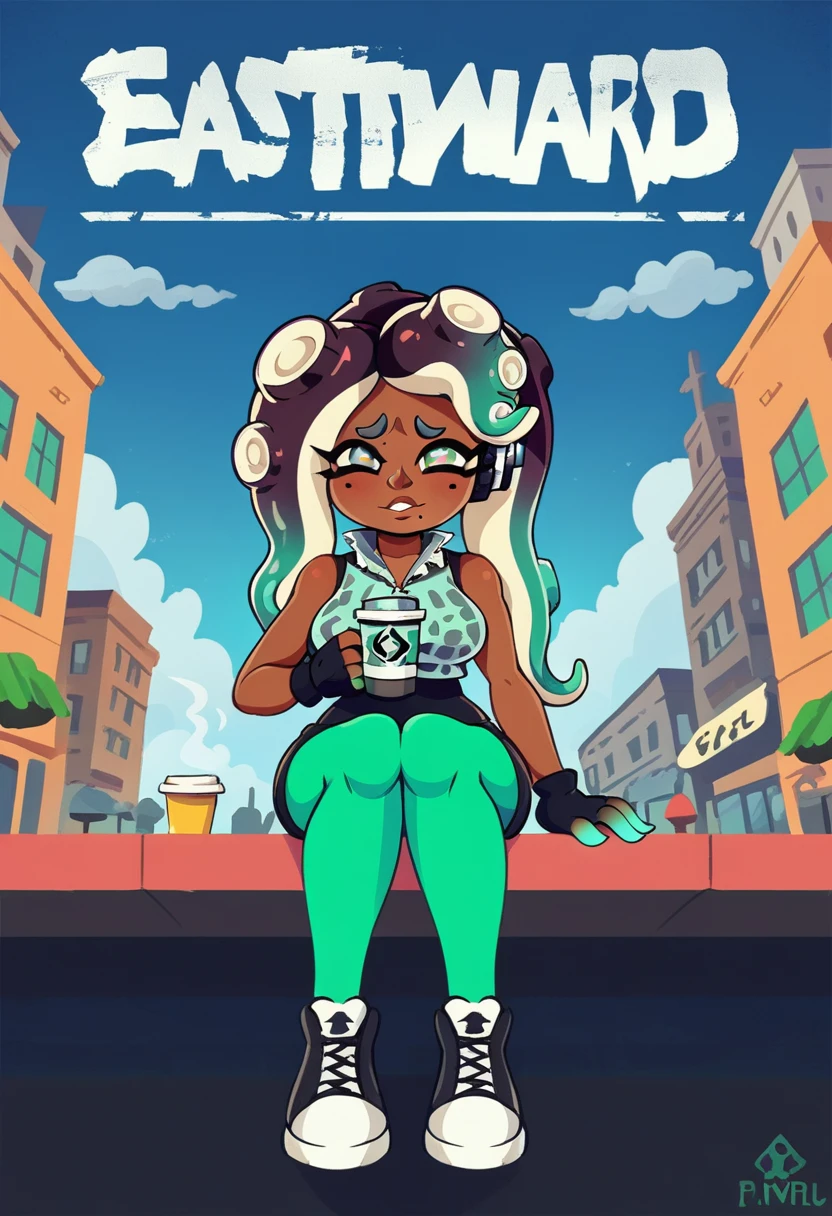 score9, score_8_above, score_7_above, showy, Vibrant, detailed background, dutch angle, from below, realist artists, beautiful, 1 girl, whole body, MARINA_(splatoon), splatoon_(series), 1 girl, Tentacle_Hair, yellow_eyes, vestido negro shinesnte, sleeveless, black gloves, green leggings, black shoes, shy, half closed eyes, looking into the distance, sitting,  Mesa, has, Hair, seated, coffee shop, outdoor,City, street,public, clouds, City, street, Huge skyscrapers,1r1d3sc3nc3, big text, shines, eastbound sign, (very big tits), 