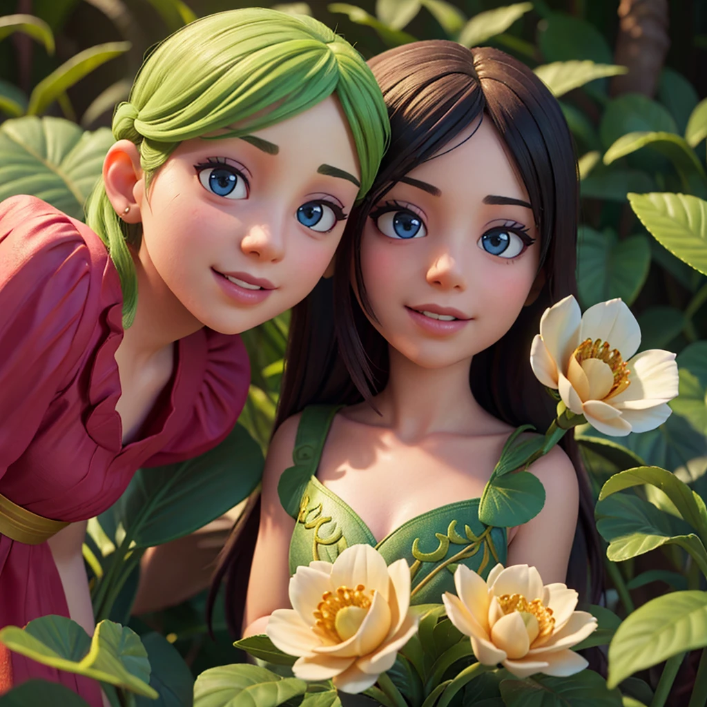 A smiling boy and girl in a lush, vibrant flower forest, beautiful detailed eyes, beautiful detailed lips, extremely detailed eyes and face, longeyelashes, elegant poses, stunning lighting, intricate floral patterns, vibrant colors, (best quality,4k,8k,highres,masterpiece:1.2),ultra-detailed,(realistic,photorealistic,photo-realistic:1.37),fantasy,concept art,cinematic lighting