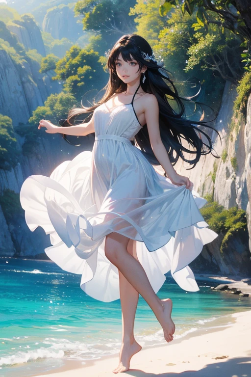 (Highest quality、masterpiece、High resolution、8K)、Vibrant colors、1 Female、Long black hair、barefoot、A woman in a white dress jumps high、Surprised Smile、Official Art、The background is the sea、blue sky、Wide sandy beach、Wide forest、