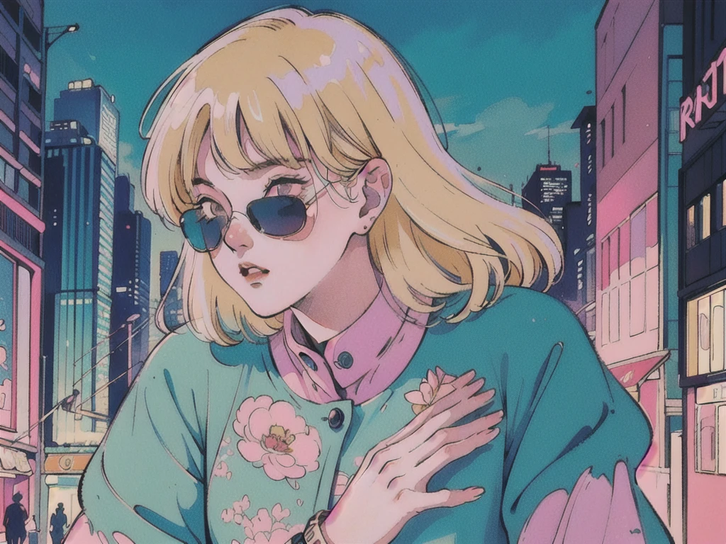 (80's, Retro, City Pop:1.5), (Album cover), (masterpiece, Highest quality, Exquisite detail), (anime, figure), (pastel colour:1.3), Best Photo Poses, Dynamic Angle,girl, alone, cool, Delicate face, Wearing sunglasses, Blonde Hair, Cityscape, City of night,