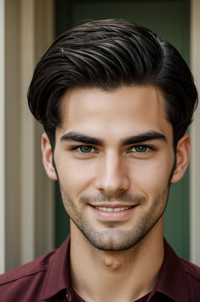 He is a man, he is 29 years old., U.S. citizenship, seductive look, Is high, he is light colored, Short black hair, bushy eyebrows, green eyes, fine nose, fine lips, Has a beautiful smile, You can see the Adam's apple on his neck, half sucked, He has a phoenix tattoo on his chest