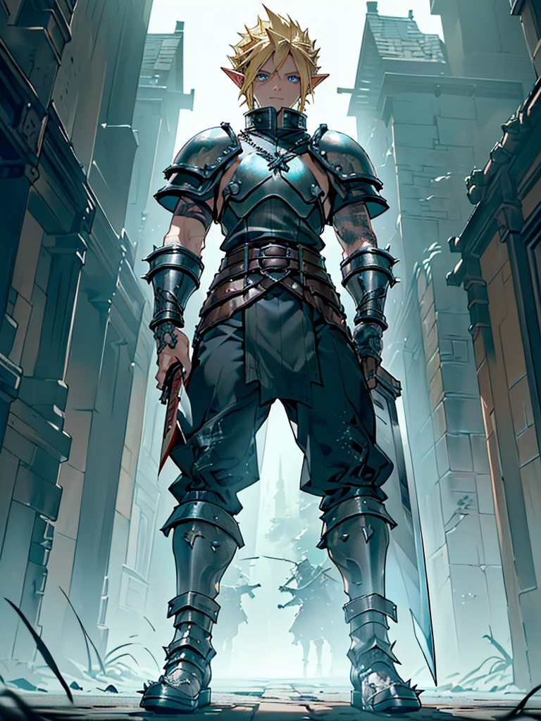 (((Masterpiece of the highest quality))), (((medieval fantasy))), (((Extreme details))), (one character) ((medieval fantasy swordsman)), ((based on Chester Bennington fused with cloud strife)), (medieval punk), ((fantasy great sword)), (((ultra detailed))), (alone) (((male))), ((male elf)), ((A 25 year old elf.))), (175 cm tall), ((blonde short spiky hair)), ((Brown eyes)), ((Exquisite and detailed face and eyes)), ((detailed expressive eyes)), ((Perfect eyes)), ((perfect detailed hands)), ((vain expression)), ((medieval half steel half black letter armor)), ((holding a great broadsword in his hands)), ((detailed great sword)), (((4k))), ((Additional quality)), (Additional details), ((exquisite eyes)), ((dynamic battle pose)), ((battle Background)), ((cinematic lighting)), (((full body))), ((extreme care to detail)), ((movie effects)), (war zone background)