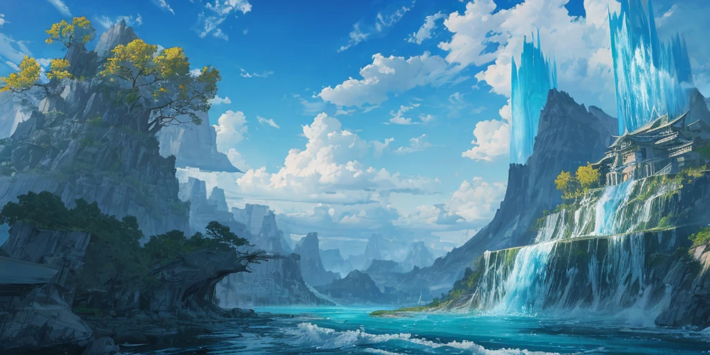 Concept Art, No humans, landscape, water, Sky, sun, Trees, cloud, waterfalls, outdoor, architecture, nature, river, blue Sky