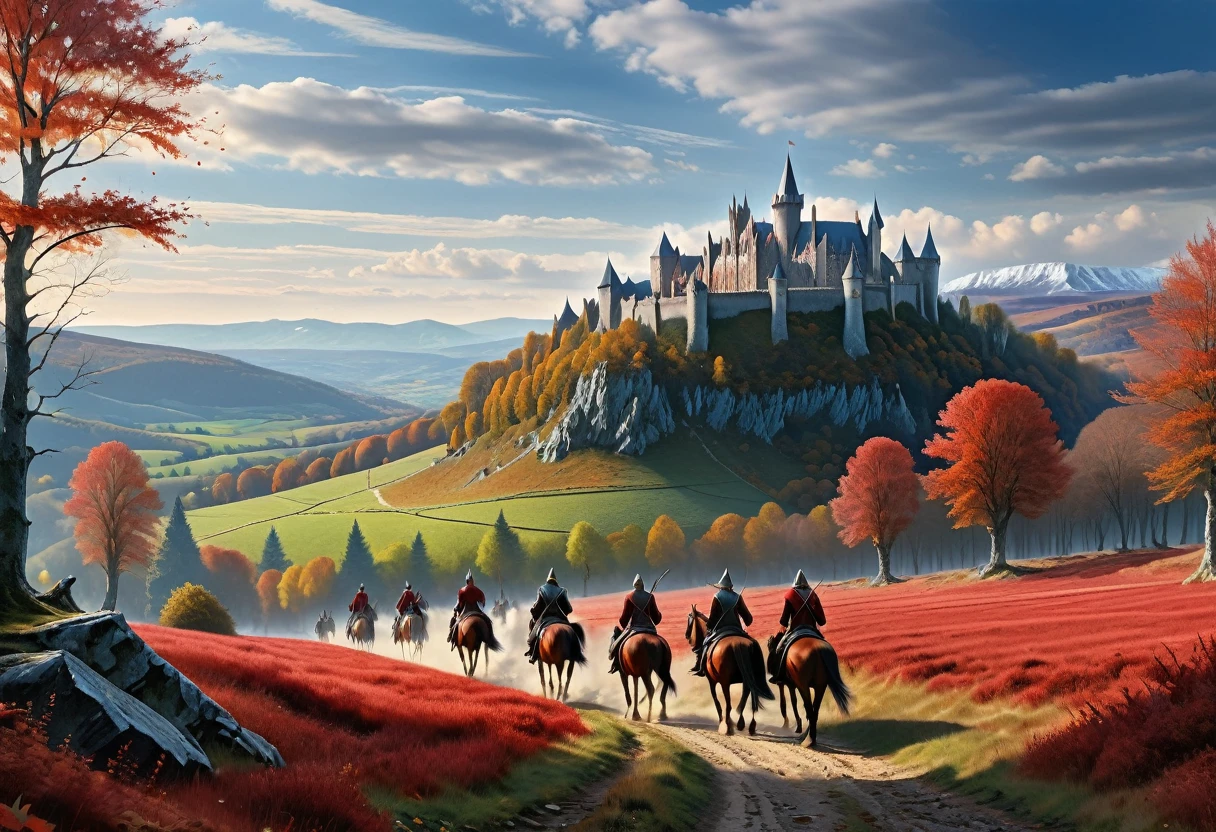 landscape from Middle-earth, in the distance there are ruined castles, elves and people on horseback, a bloody battle, on the horizon the grandfather's mountains and gray forests, the sky in burgundy blue soft stripes, Epic Composition, hiperrealism