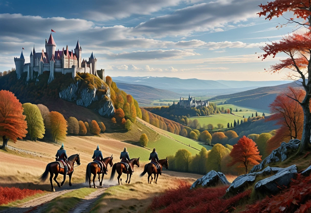 landscape from Middle-earth, in the distance there are ruined castles, elves and people on horseback, a bloody battle, on the horizon the grandfather's mountains and gray forests, the sky in burgundy blue soft stripes, Epic Composition, hiperrealism