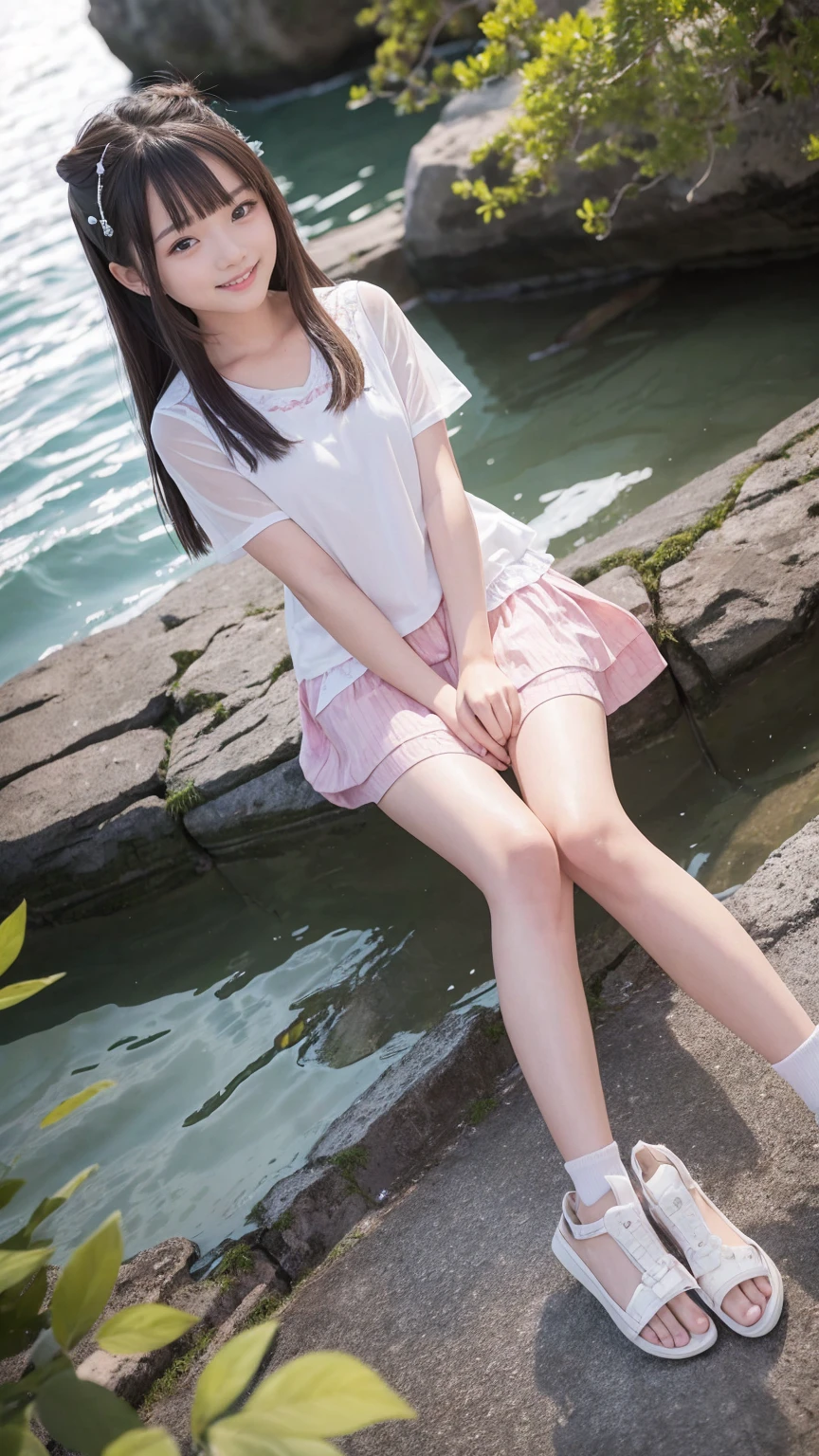 ((Attention to detail)),(Super detailed), 非常に詳細な CG ユニティ 8K 壁紙, beautiful girl,((Two people)), Highest quality, 8K, 11 years old、girl、Long straight hair、Summer outfit、((Happy smile))、Full Body Shot、（sea）、