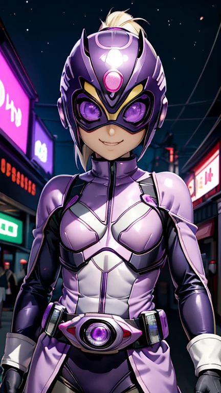 (8k),(masterpiece),(Japanese),(),((innocent look)),((Childish)),From the front,smile,cute,Innocent,Kind eyes,Flat chest, Ino Yamanaka,Kamen Rider,purple helmet, purple superhero mask,camisa,no Hair,night,dark, Neon light cyberpunk Konoha village