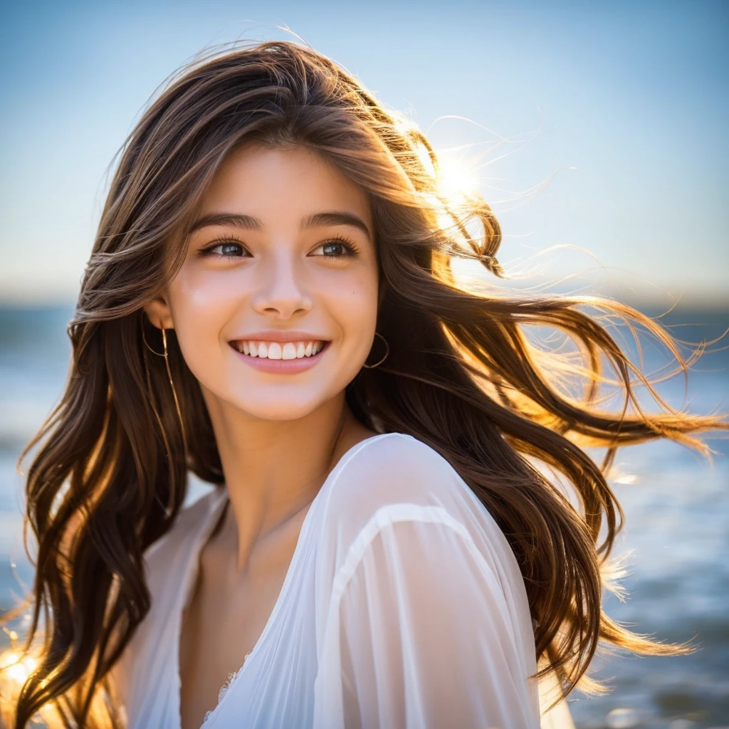 a 19 year old girl with a striking appearance. Medium breasts and brown hair fall in soft waves to shoulder length. Seus olhos pretos, deep and expressive, contrast beautifully with your fair skin. She has an average height, with about 1,65 metros de altura, and a slender, graceful figure. His smile is warm and endearing, brightening your face and revealing a friendly, approachable personality.