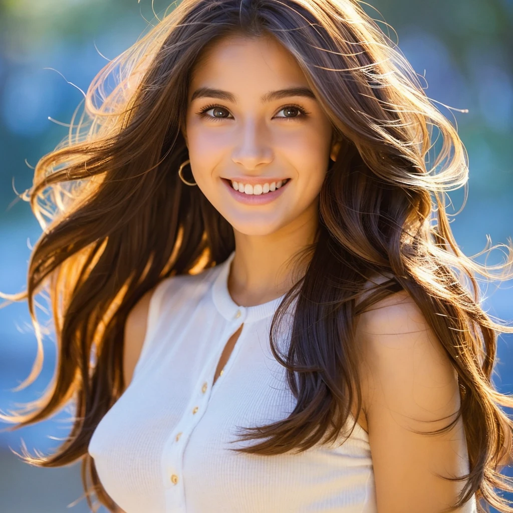a 19 year old girl with a striking appearance. Medium breasts and brown hair fall in soft waves to shoulder length. Seus olhos pretos, deep and expressive, contrast beautifully with your fair skin. She has an average height, with about 1,65 metros de altura, and a slender, graceful figure. His smile is warm and endearing, brightening your face and revealing a friendly, approachable personality.