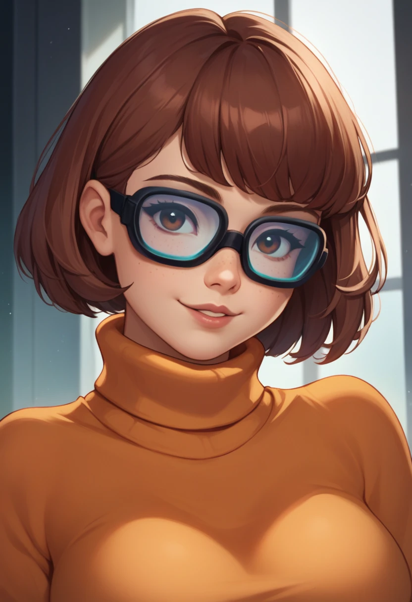 masterpiece,best quality, highly detailed, score_9, score_8_up, score_7_up, score_6_up,source anime,BREAK
 velma,1girl, glasses, solo, breasts, brown hair, turtleneck, sweater, brown eyes, short hair, freckles, ((large breasts)), lips, smile, upper body, turtleneck sweater, orange sweater, looking at viewer, bangs, parted lips, ((glowing cyberpunk goggles)), full body