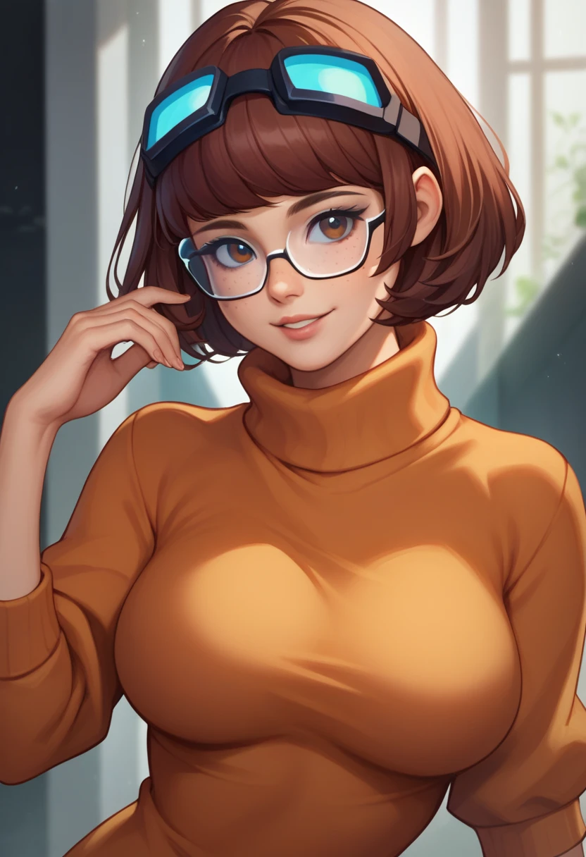 masterpiece,best quality, highly detailed, score_9, score_8_up, score_7_up, score_6_up,source anime,BREAK
 velma,1girl, glasses, solo, breasts, brown hair, turtleneck, sweater, brown eyes, short hair, freckles, ((large breasts)), lips, smile, upper body, turtleneck sweater, orange sweater, looking at viewer, bangs, parted lips, ((glowing cyberpunk goggles)), full body