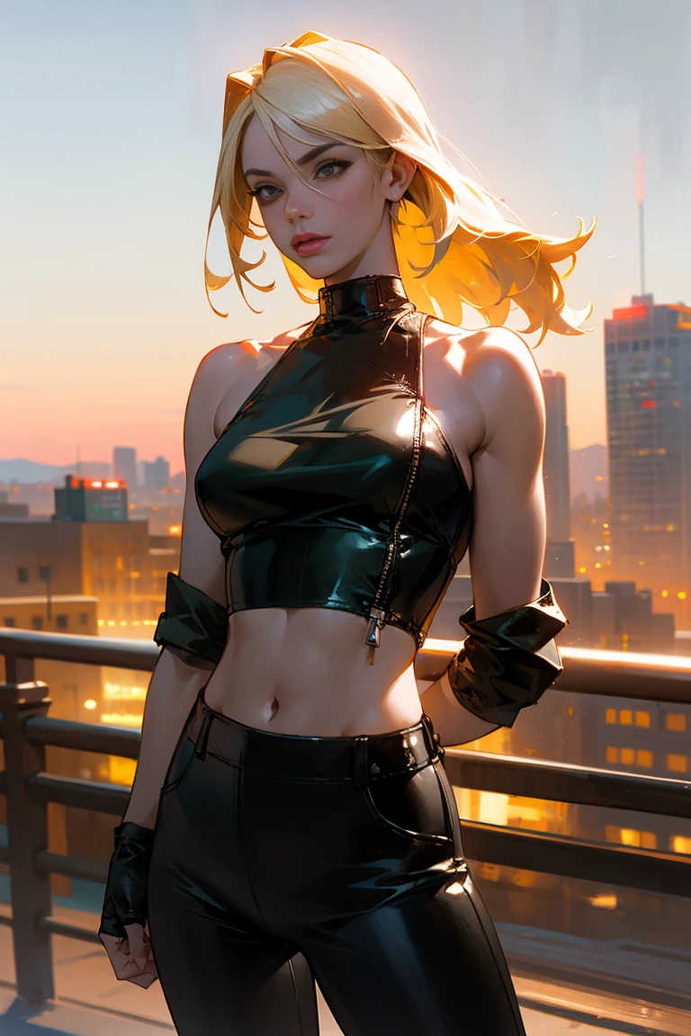 full-length, white, blonde woman standing in a whistler square ( - Canada), wearing a green leather jacket over a thin, transparent low-cut tank top. She wears matte black leather pants. The woman has a beautiful, toned, body. The image is realistic, highly detailed. Very high resolution, 8k rendering, late afternoon lighting with the sun setting and the horizon red. The city lights are on. The lighting is perfect, the scene is sharp, extreme realism, cinematic image.