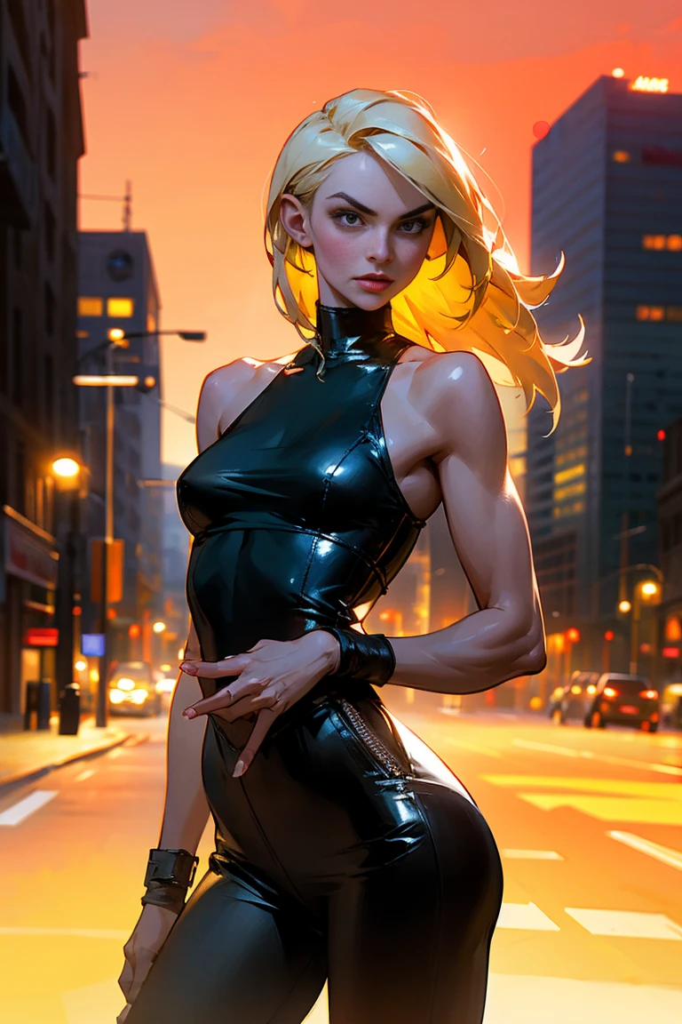 full-length, white, blonde woman standing in a whistler square ( - Canada), wearing a green leather jacket over a thin, transparent low-cut tank top. She wears matte black leather pants. The woman has a beautiful, toned, body. The image is realistic, highly detailed. Very high resolution, 8k rendering, late afternoon lighting with the sun setting and the horizon red. The city lights are on. The lighting is perfect, the scene is sharp, extreme realism, cinematic image.