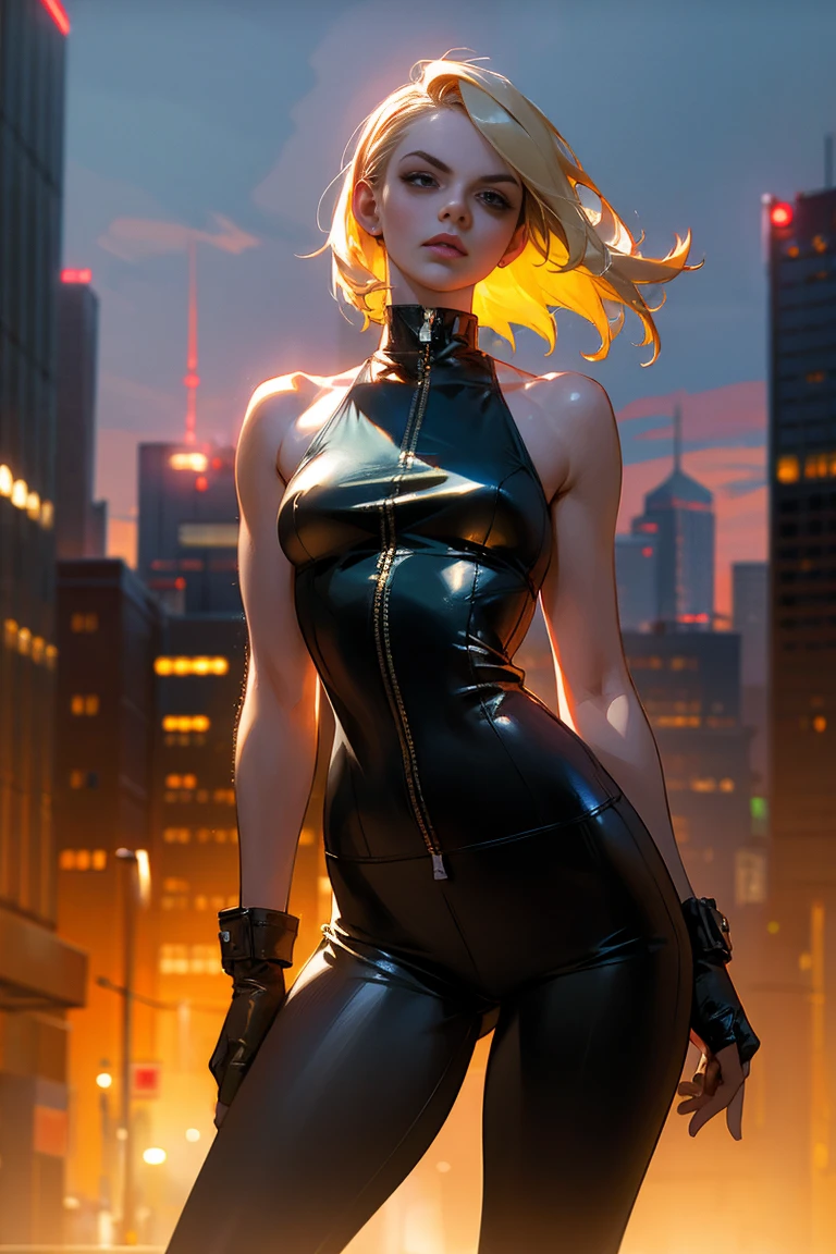 full-length, white, blonde woman standing in a whistler square ( - Canada), wearing a green leather jacket over a thin, transparent low-cut tank top. She wears matte black leather pants. The woman has a beautiful, toned, body. The image is realistic, highly detailed. Very high resolution, 8k rendering, late afternoon lighting with the sun setting and the horizon red. The city lights are on. The lighting is perfect, the scene is sharp, extreme realism, cinematic image.