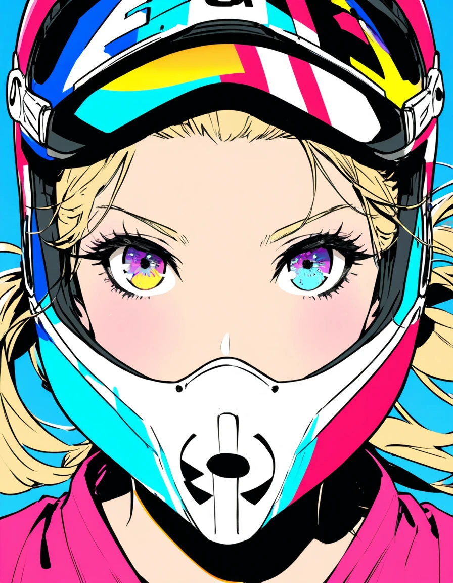 extremely clear 8K wallpaper, extremely delicate and detailed face:1.3, absurdres, masterpiece, by Posuka Demizu, pop art, Portrait, a woman wearing a fullface motocross helmet., a detailed and colorful illustration of a sunset beach is drawn on the entire surface of the helmet., she has her hair tied back., the look in her eyes reveals her strong determination to win the race. ,