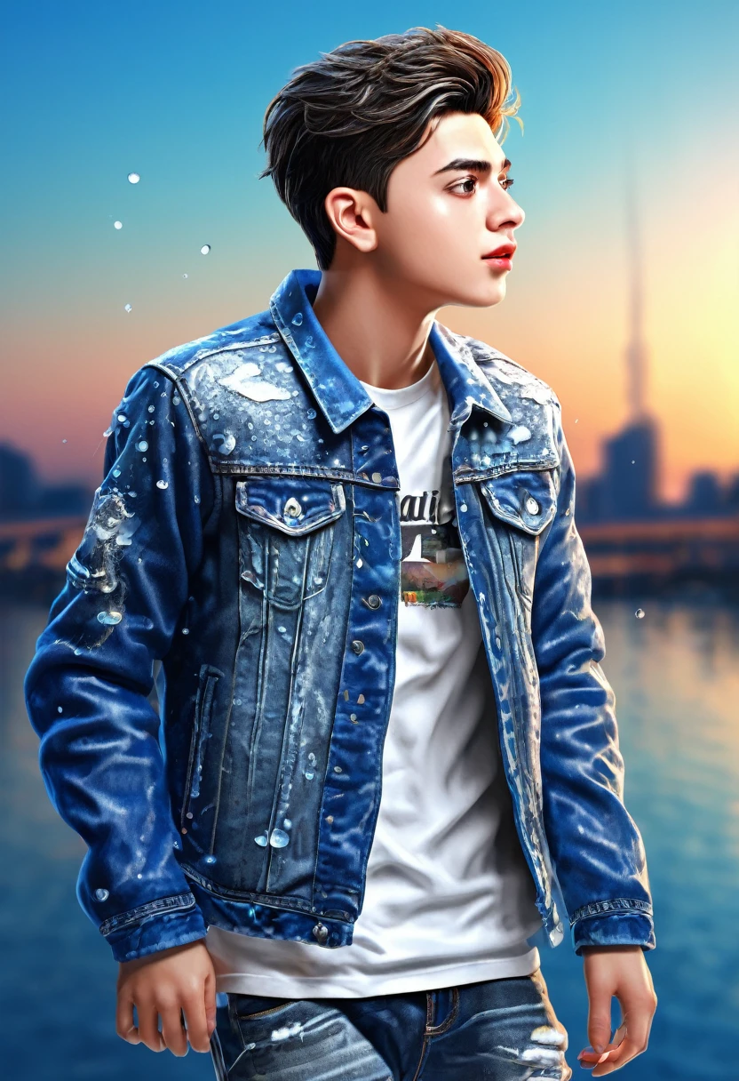 a realistic teenage boy character walking out from social media, 1boy, detailed face, beautiful detailed eyes, beautiful detailed lips, extremely detailed face, longeyelashes, casual modern clothing, jeans jacket with "BARU" text, sneakers, splashing water effect, social media profile with username "heyy_baru", profile picture of the boy, beautiful sky profile cover, 3D illustration, hyperrealistic, photorealistic, ultra-detailed, 8k, best quality, masterpiece, vibrant colors, dramatic lighting