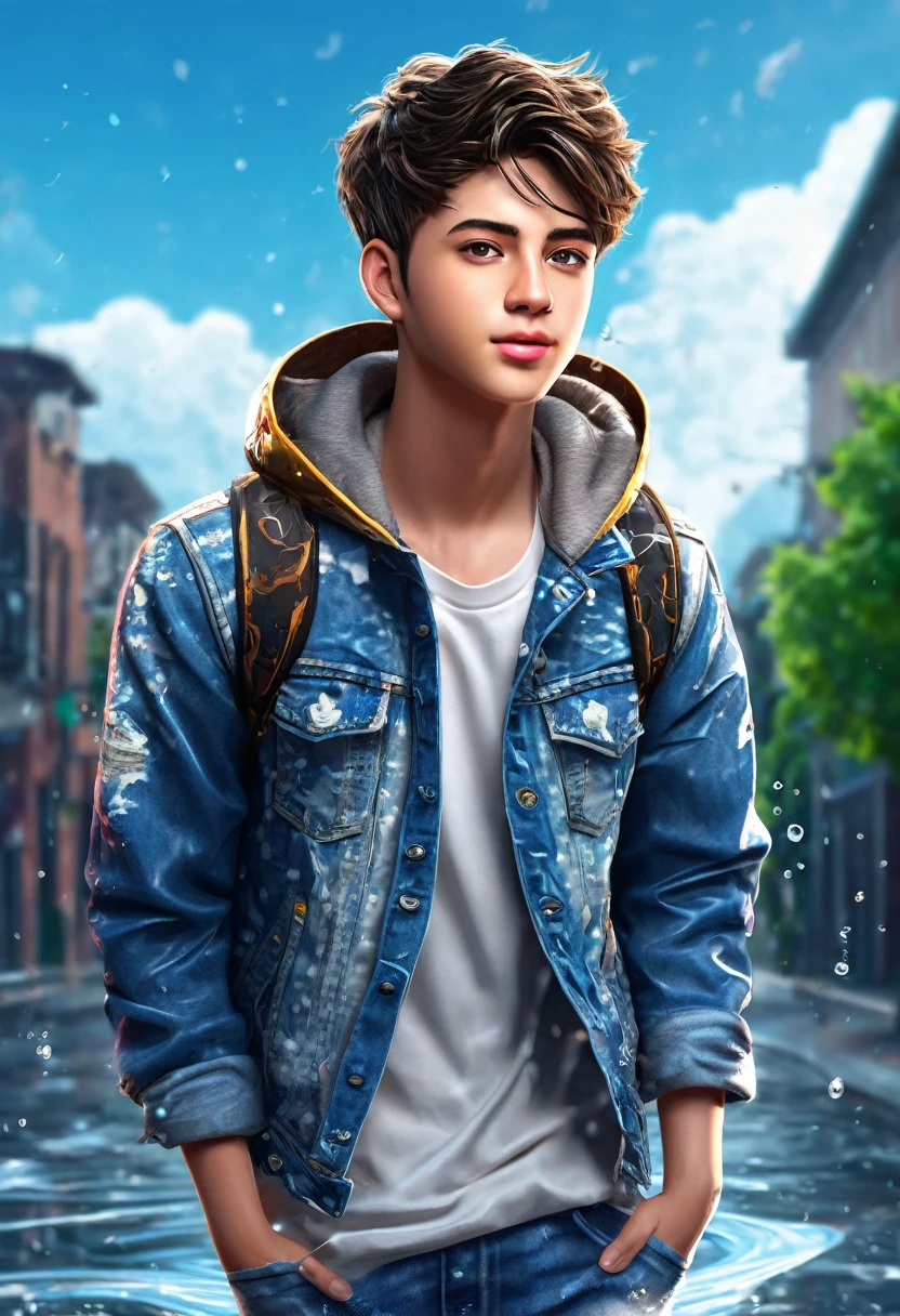 a realistic teenage boy character walking out from social media, 1boy, detailed face, beautiful detailed eyes, beautiful detailed lips, extremely detailed face, longeyelashes, casual modern clothing, jeans jacket with "BARU" text, sneakers, splashing water effect, social media profile with username "heyy_baru", profile picture of the boy, beautiful sky profile cover, 3D illustration, hyperrealistic, photorealistic, ultra-detailed, 8k, best quality, masterpiece, vibrant colors, dramatic lighting