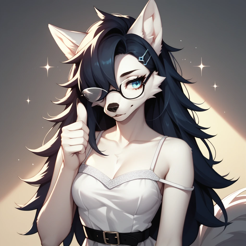 score_9,score_8_up,score_7_up, sierra, a young nerdy Anthro furry wolf woman, white furry body, tall, long elegant and straight hair, elegant glasses, hair clip, wearing elegant blue sundress, black belt, fidgeting her fingers together, sparkles around her, she is shy, looking away, pov, pov viewer is giving her a thumbs up