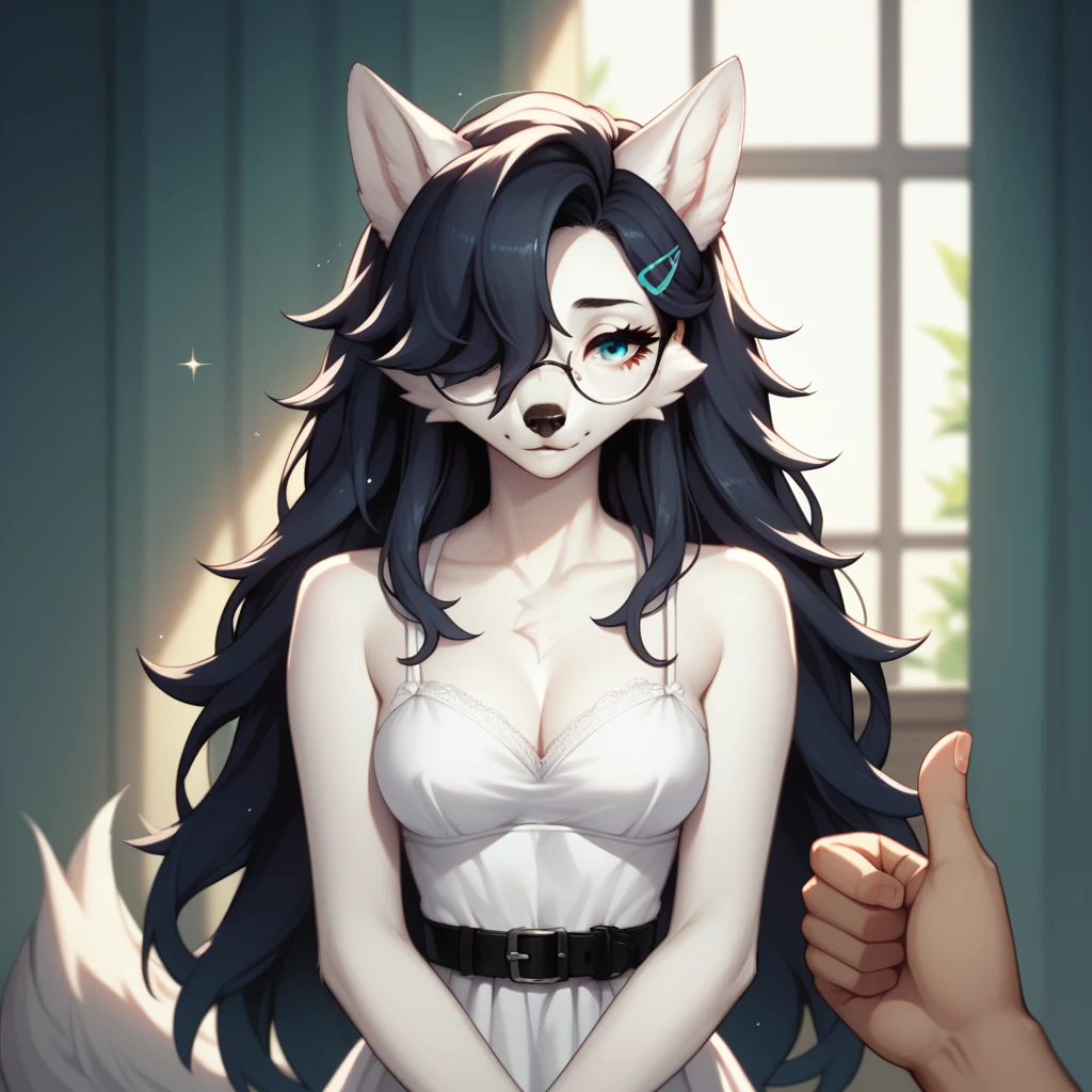 score_9,score_8_up,score_7_up, sierra, a young nerdy Anthro furry wolf woman, white furry body, tall, long elegant and straight hair, elegant glasses, hair clip, wearing elegant blue sundress, black belt, fidgeting her fingers together, sparkles around her, she is shy, looking away, pov, pov viewer is giving her a thumbs up