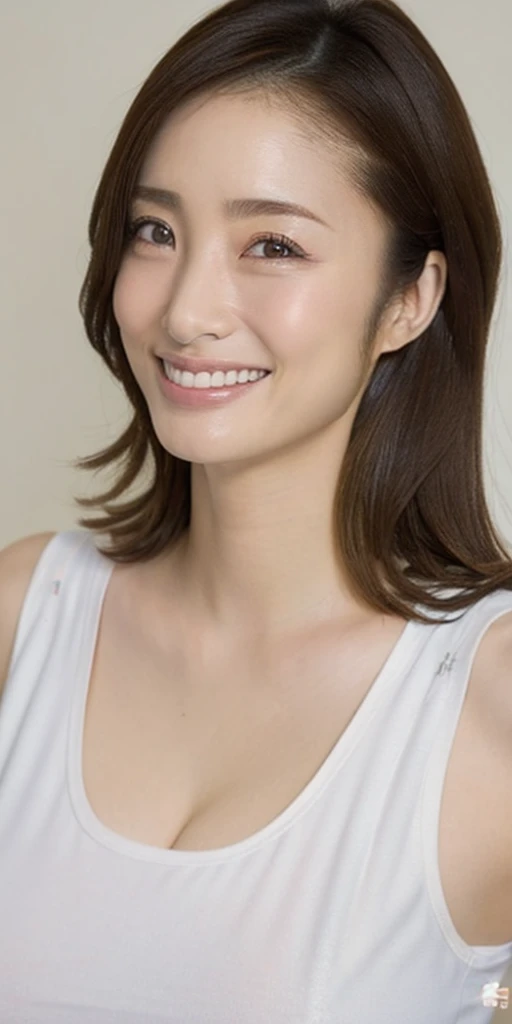 Highest quality, masterpiece, (Realistic:1.2), (uetoaya), smile, slouch、Cleavage、Big Breasts、Tank top