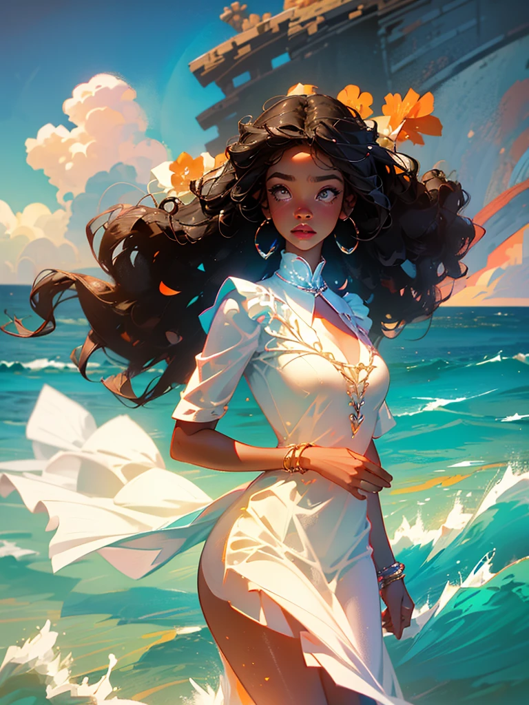 Very detailed, realistic, beautiful black woman, wearing dress, pretty woman, brown skin, HD, pretty face, vivid colors, high quality, afro hair, wavy afro hair, curly afro hair, black woman, warm tones, natural lighting, colorful ocean in background, ocean in background