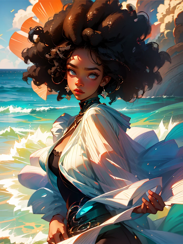 Very detailed, realistic, beautiful black woman, wearing dress, pretty woman, brown skin, HD, pretty face, vivid colors, high quality, afro hair, wavy afro hair, curly afro hair, black woman, warm tones, natural lighting, colorful ocean in background, ocean in background