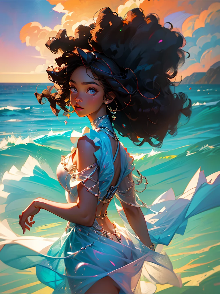Very detailed, realistic, beautiful black woman, wearing dress, pretty woman, brown skin, HD, pretty face, vivid colors, high quality, afro hair, wavy afro hair, curly afro hair, black woman, warm tones, natural lighting, colorful ocean in background, ocean in background