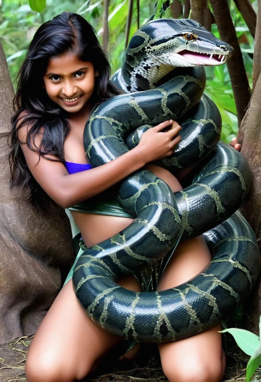 Happy Horny, aroused 1girl), beautiful  kneeling Indian  young teen girl with  giant colossal Kaa monster squeezing her hard, wrapped in thick spiraling coils, constricted, struggle, gasping for air, snake attack, snake peril,