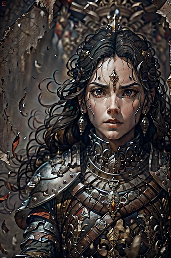 50-year-old woman in the 17 century Female battle scared warrior leader of the order of the scarlet rose, guilty conscious expression, determined facial expression. Black hair. Female.
