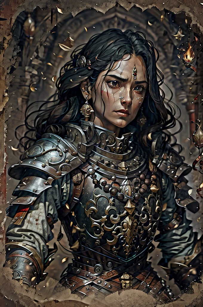 50-year-old woman in the 17 century Female battle scared warrior leader of the order of the scarlet rose, guilty conscious expression, determined facial expression. Black hair. Female.
