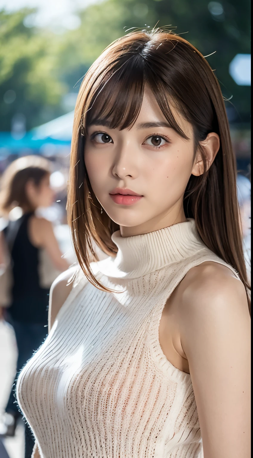 1womanl, up of face, mideum breasts, light brown hair, Blunt bangs, hair behind ear, hair over shoulder, Long hair, slender body shape, Ultra Fine Face, Thin face, Delicate lips, Beautiful eyes, thin blush, eyes are light brown, perfect glossy skin, flawless skin, Glistening sweat,View here, Ultra-thin hands, Ultra-fine fingers, best ratio four finger and one thumb, (realisitic:1.3), Open Chest Mock Neck Crop Tank Top White Knitwear. An amusement park, One-person viewpoint, Fuji Film, F/1.2, 8K, masutepiece, nffsw, Super Detail, High quality, Best Quality, hight resolution