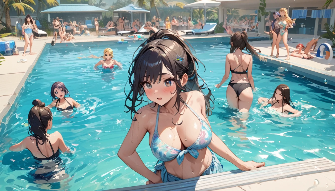 (Pool Party), multi girls, water, swimming, standing, water drops, extremly detailed, beach