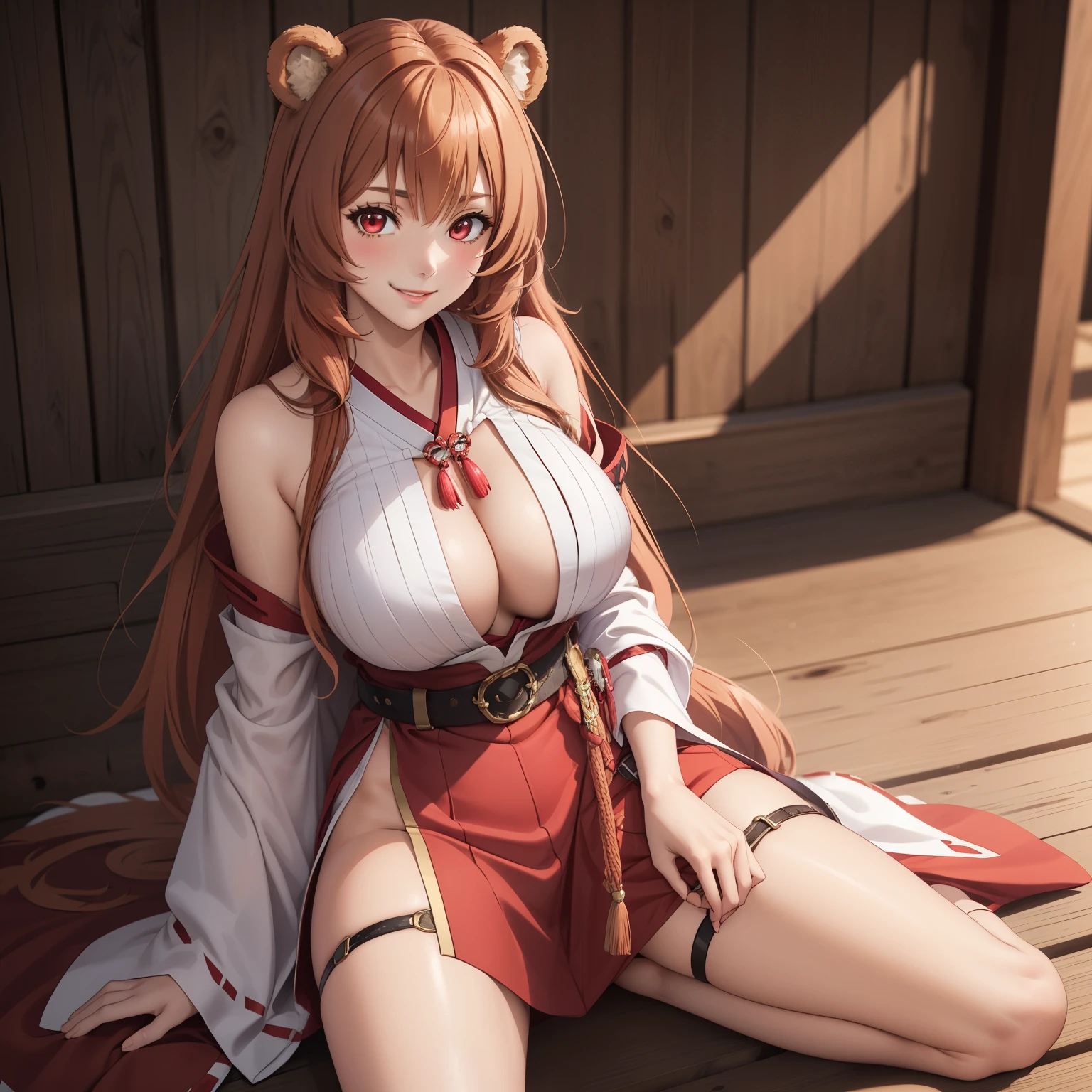 Raphtalia woman 35 years old straight orange hair , bear ears redondeadas, red eyes like ruby., flirtatious smile, pale skin, big breasts, japanese priestess clothing, White and red, pink belt, , bear ears, , background montñas nevadas.