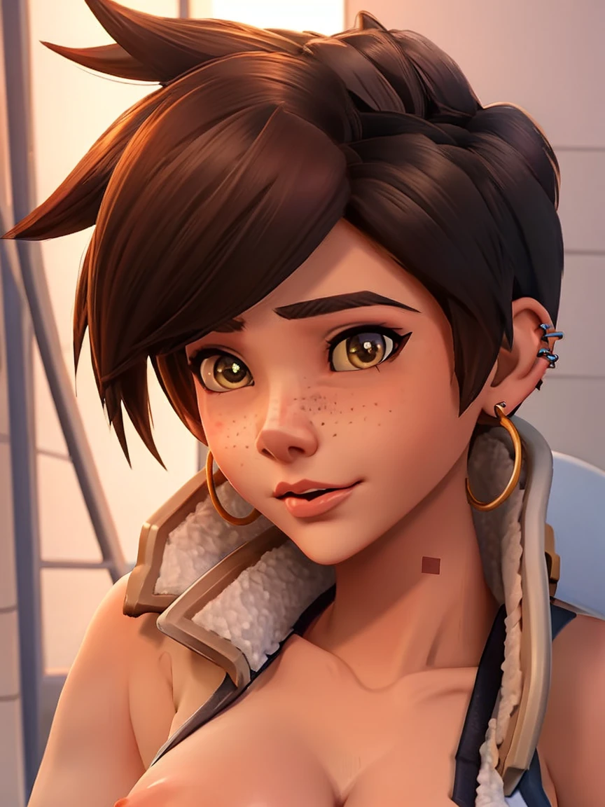 VHS cover for a porn starring tracer. hoop-earings. biting her lip. young, naked. nude. slut. small_boobs, nipples. freckles. pornstar nsfw