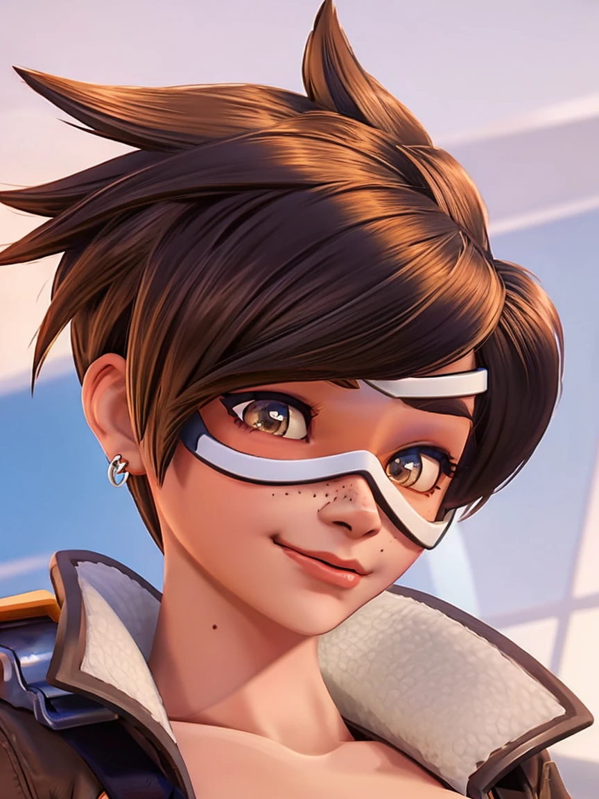 VHS cover for a porn starring tracer. hoop-earings. biting her lip. young, naked. nude. slut. small_boobs, nipples. freckles. pornstar nsfw