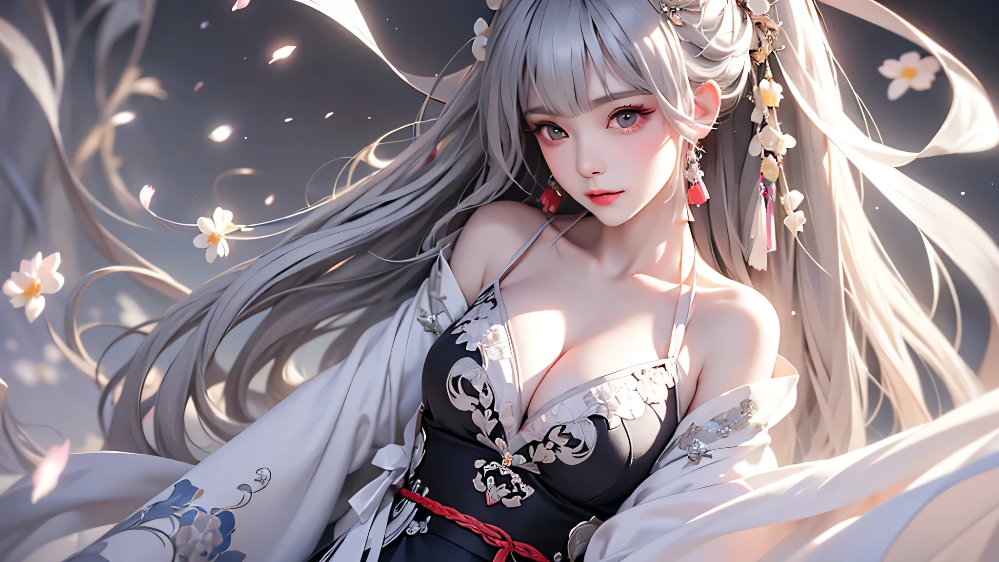 super high quality, masterpiece, Perfect illustration, Very detailed (Exquisite light and shadow, Very dramatic photo,Backlight) , ((Gray Hair:1.5))1 Girl,(( alone:1.6)), (Wearing Han clothes, Black and white Hanfu,Monotony,Long sleeve) Flower Field, Flowers, (White smoke:1.3) (Realistic:1.4), Zen Intertwining, Tangled, Official Art, unity 8k wallpaper, Very detailed, Beautiful and beautiful, masterpiece, Highest quality, (Dynamic Angle: 1.4), Glowing Skin, (Floating colorful flashes: 1) The most beautiful chaotic shapes, elegant, Brutalist Design, Bright colors, Romantic Depth of Field Exotic_dance, half_naked、Expose your shoulders、Ample breasts、Great cleavage、
