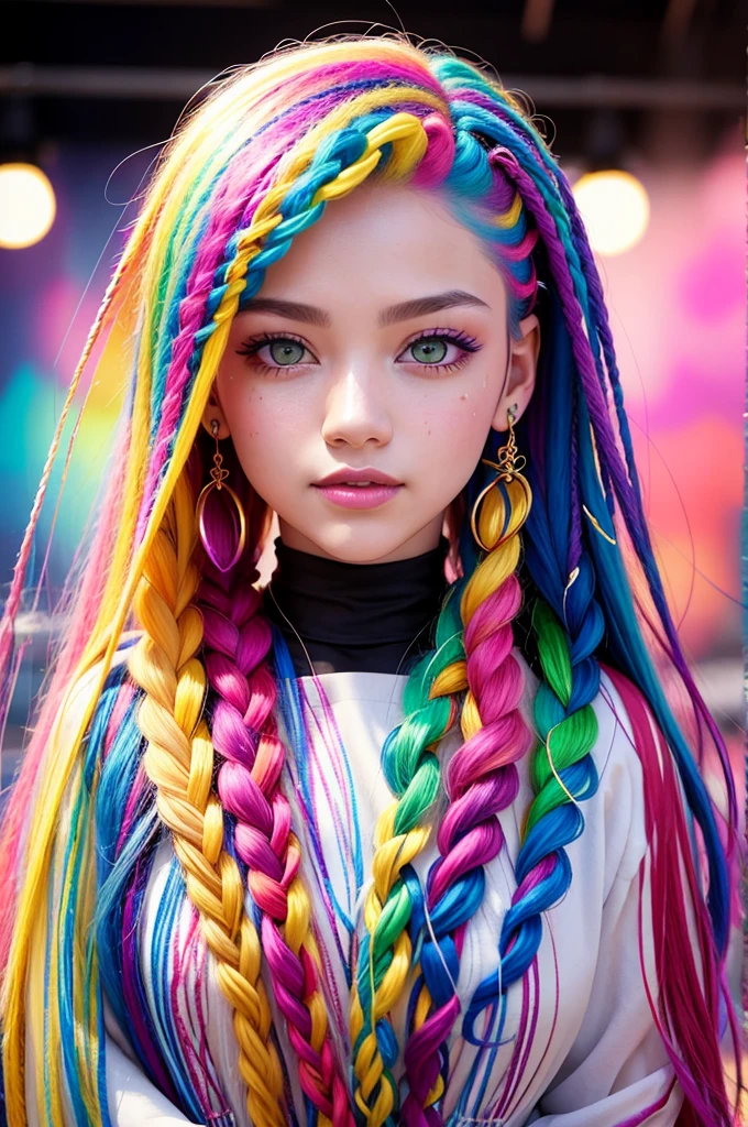 8k, RAW photo, realistic, photo-realistic, hyper-realistic, highest quality, best quality, masterpiece, highly detailed, absurd,
masterpiece, best quality, (highly detailed CG unity 8k wallpaper, masterpiece, best quality, very detailed, best shadows), (detailed background), (beautiful face details, beautiful eye details), High contrast, (best lighting), 1girl , Australia, rappers hair in small multicolored braids, beautiful, ((colorful paint splashes on transparent background, Dulux)), ((caustic)), dynamic angle, beautiful light details, full body, cowboy shot, sweet smile