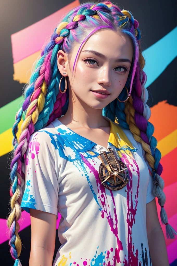 8k, RAW photo, realistic, photo-realistic, hyper-realistic, highest quality, best quality, masterpiece, highly detailed, absurd,
masterpiece, best quality, (highly detailed CG unity 8k wallpaper, masterpiece, best quality, very detailed, best shadows), (detailed background), (beautiful face details, beautiful eye details), High contrast, (best lighting), 1girl , Australia, rappers hair in small multicolored braids, beautiful, ((colorful paint splashes on transparent background, Dulux)), ((caustic)), dynamic angle, beautiful light details, full body, cowboy shot, sweet smile