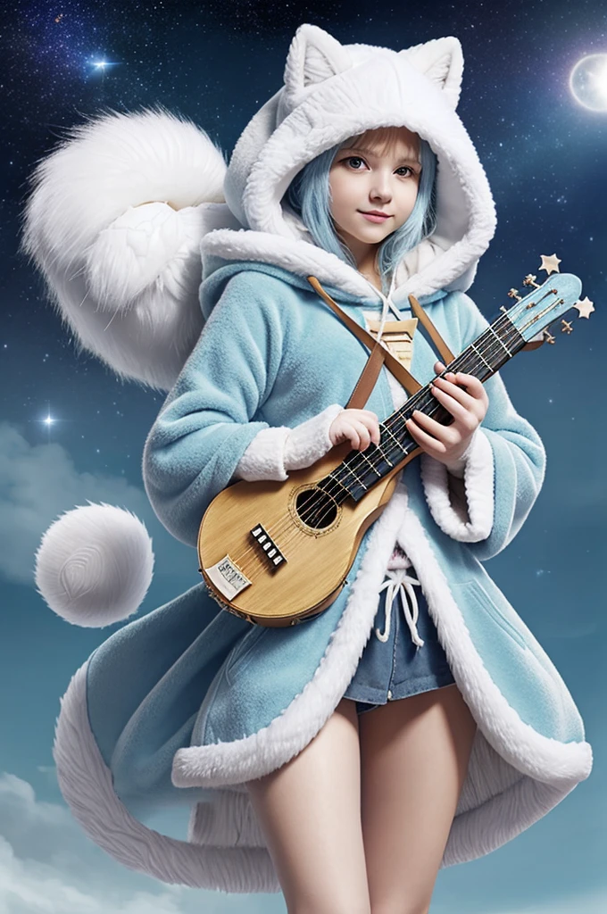 1 white nekomimi Arctic fox, bard, girl, full body, wear bard clothes, yellow eyes, (((holding lute instrument))), big fluffy tail, short fluffy hair, (((white-baby blue color pallate))), smug face, fluffy cloak hoodie, fantasy, traveler, support class, right thigh strap, fluffy, fluffy boots with paw, traveler, big fluffy scarf, (((stars Accessories everywhere))), concept art, standing