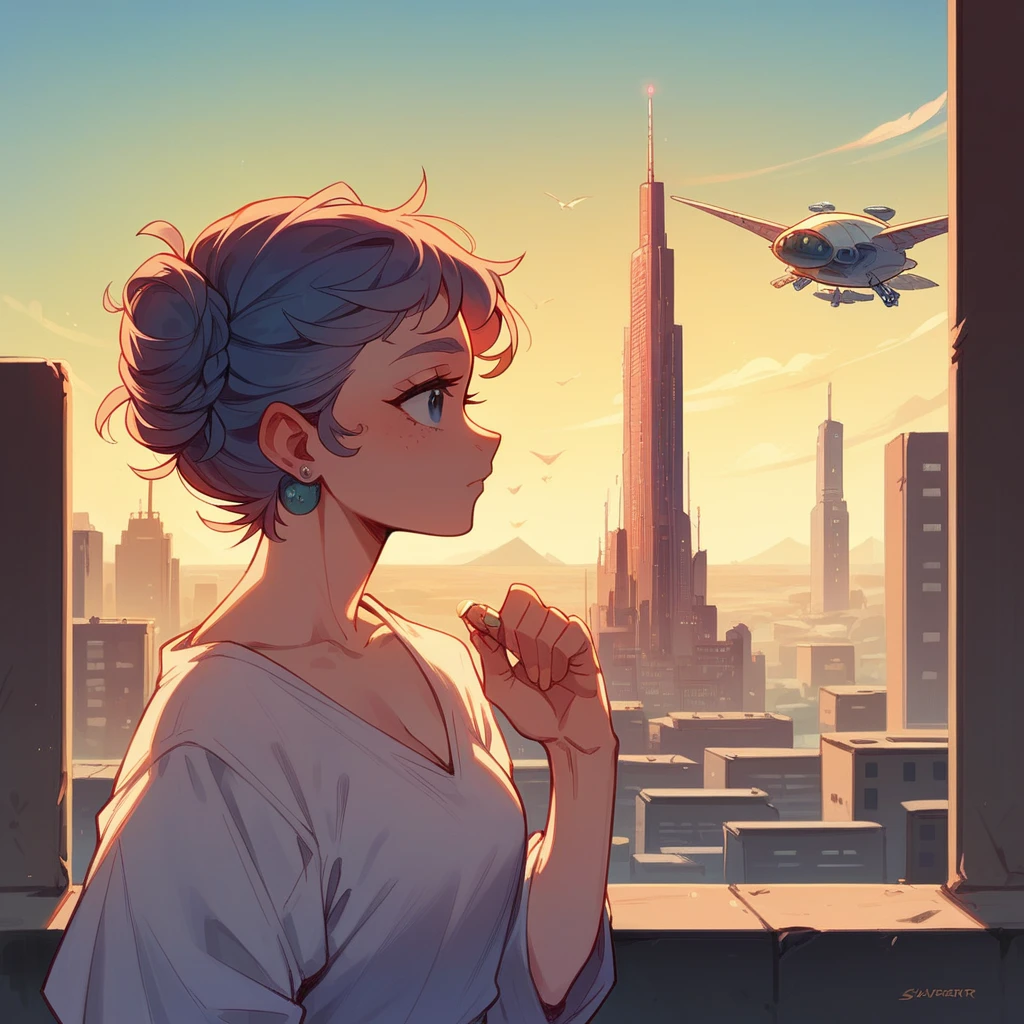 sunset in the city, skyscrapers, beautiful sky, you can see a meteor passing by