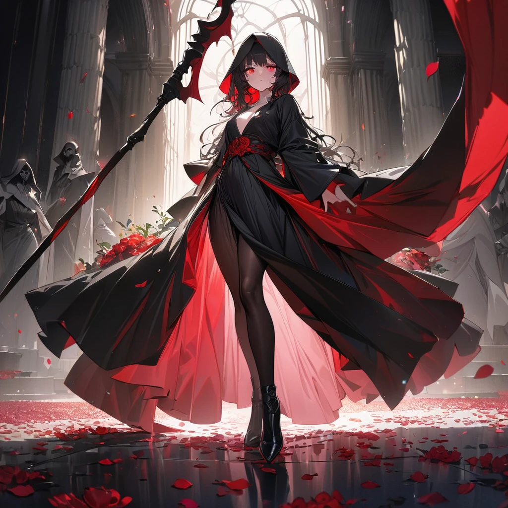 one beautiful Germans girl's Grim Reaper,agers,wearing robe,She's standing with a scythe,Look in here,luxury,The petals of red equinoctial flowers dance,(((masterpiece))), (((best quality))), ((ultra-detailed)), (illustration), (detailed light),((an extremely delicate and beautiful)),(beautiful detailed eyes),red eyes